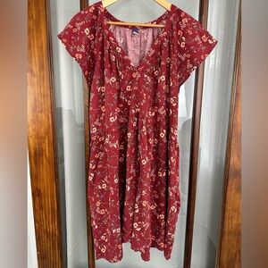 Old Navy Dress SZ XXL Red Micro Floral Babydoll Country Cottagecore Mini Flutter
